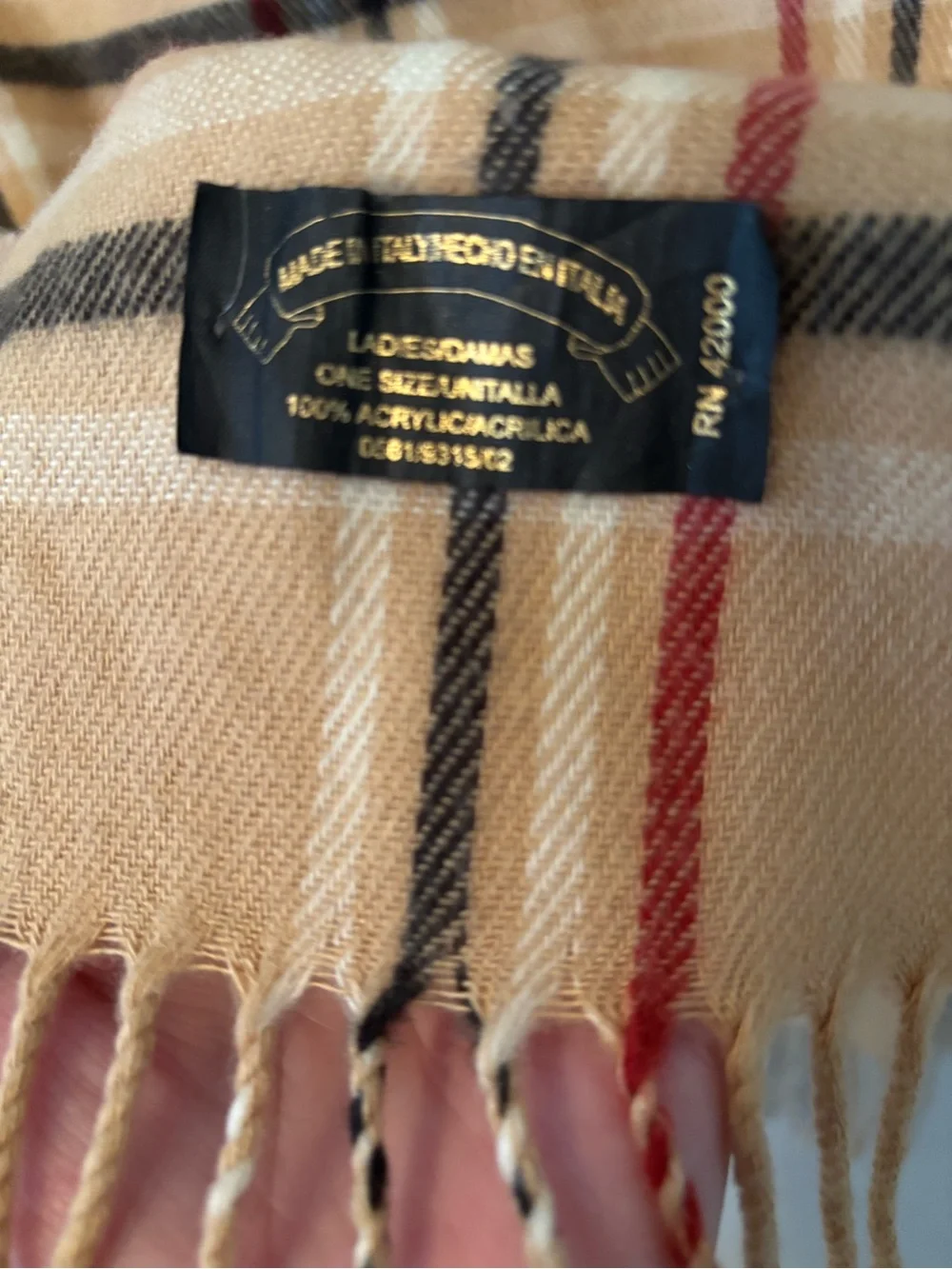 Made In ITALY Beige Plaid Fringe Scarf with Red and Black Accents